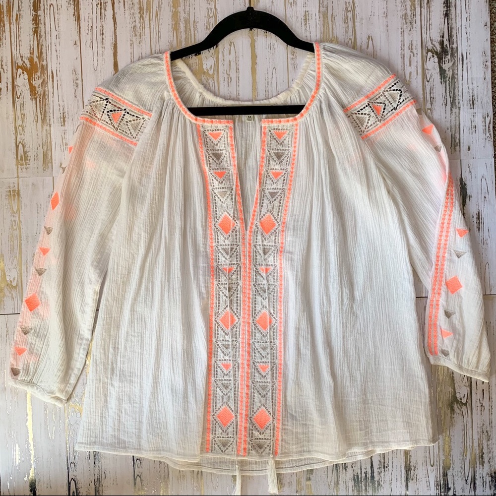 Madewell Embroidered White Pink Peasant Top